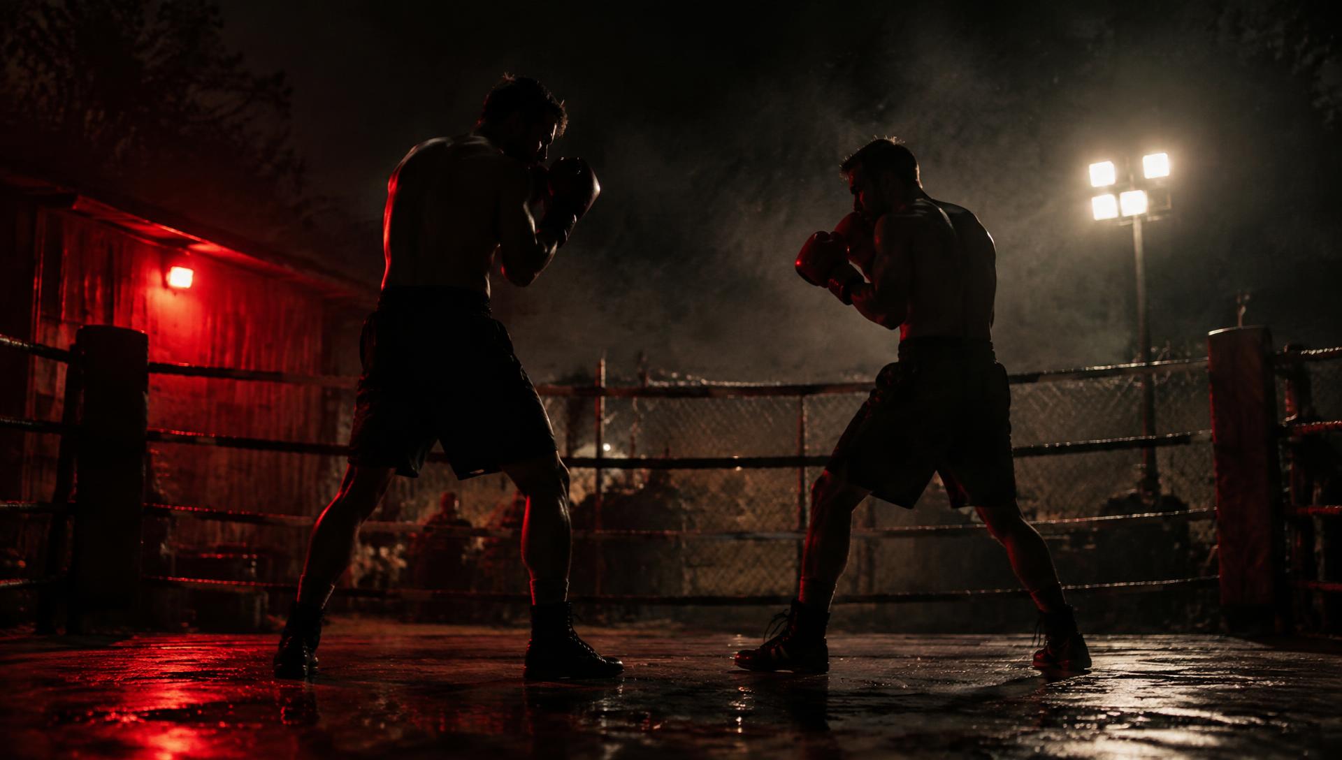 Two boxers squaring off in a backyard ring under floodlights at night
